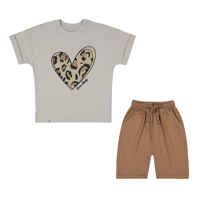 ست تی شرت و شلوارک دخترانه سون پون مدل 1608 رنگ طوسی روشن