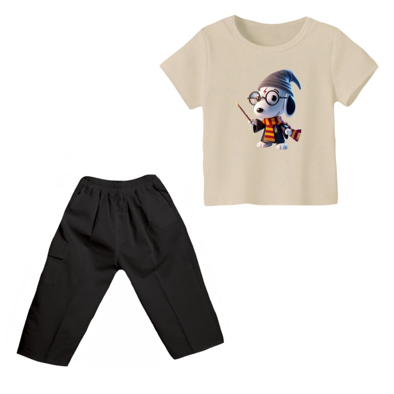 ست تی شرت و شلوارک پسرانه مدل اسنوپی کد ۷۷ رنگ کرم